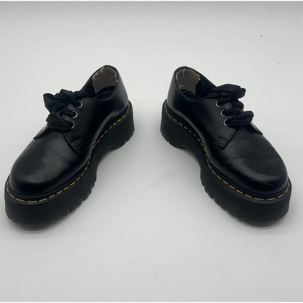 Dr. Martens Black Leather Platform Oxford Flats with Yellow Stitching